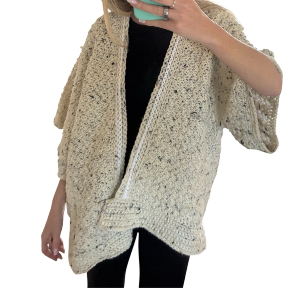 Handmade knitChunky Oversized Cardigan Sweater Cream Speckled Cozy Open Front OS - Picture 2 of 7